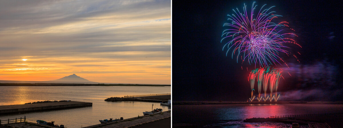 左）天塩川河川公園から船着き場の夕陽と利尻富士を望む　右）天塩川港まつりの花火大会